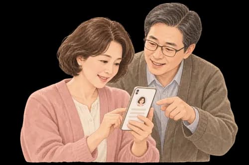 가족이 휴대전화로 프로필을 등록하는 삽화