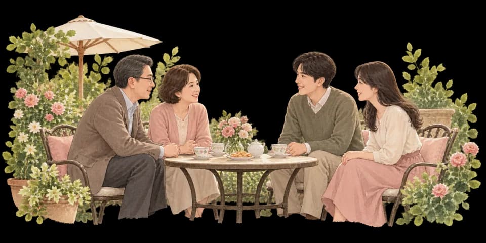 부모와 성인 자녀가 정원 카페에서 함께 이야기를 나누는 삽화
